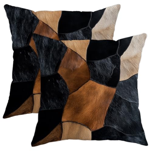 Juego de 2 fundas de almohada de retazos, cojines decorativos de cuero vacuno marrón y negro, fundas de cojín de estilo rústico para decoración del hogar, sofá, 16 x 16 pulgadas