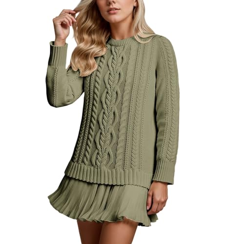 Generisch Strickkleid Damen Longpullover Elegant - Mit Kabelstruktur Langarm Leichter Arc-Saum Rundhals Pulli Winterkleid Oversize Winterpullover...