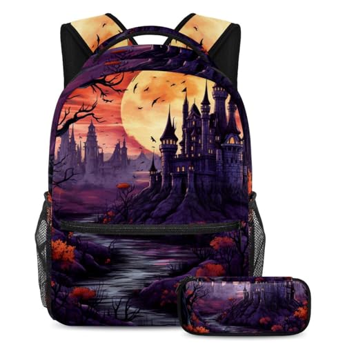 Cartable château d'Halloween grand sac à dos étudiant avec trousse