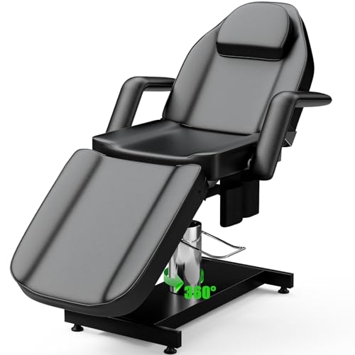 OKAKOPA Tattoo Chair Facial Bed for Esthetician, 360 Swive Upgraded Hydraulic Spa Lash Chair, Tattoo Bed for Client w/Super Large Pump for More Stability, Professional Massage Bed, Black