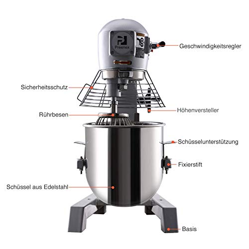 VONLUCE Profi Knetmaschine 30L Teigmaschine aus Edelstahl Höhenverstellbar Küchenmaschine Rührmaschine Spülmaschine mit 3 Geschwindigkeit, Edelstahlschüssel, 3 Rührwerkzeuge – Bild 3