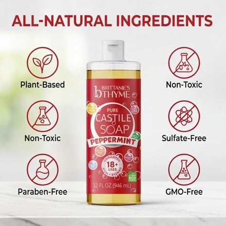 Brittanie's Pure Castile Liquid Soap Peppermint – 2 Pack (32oz Each) | Natural, Organic, Multi-Purpose Soap for Body, Face, Home & Pets | Vegan, Sulfate-Free, Made in USA - Image 2
