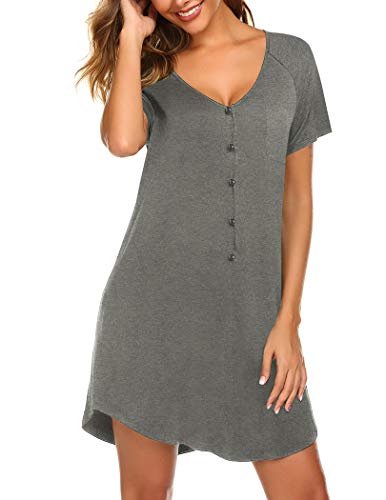 Image of Ekouaer Nightshirt Sexy Boyfriend Sleepwear Women's Short Sleeve Button Down Sleepshirt Nightgown
