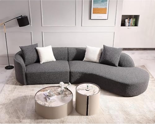 Image of Modern Futuristic J- Style Curved Boucle Febric Sofa Round Arm 4 Seater Sofa with Soft Pillow for Living Room, Bedroom, Hallways (Grey)