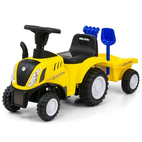 COIL Traktor New Holland Rutschauto mit Anhänger - Lizenzierter Traktor Buggy mit Rechen und Schaufel - Hochwertiges Kunststoff-Spielzeug - Traktor Mit Anhänger - Playmobil, Traktor Draufsitzen (Gelb)