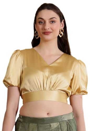 Image of Frolic Rolic Premium Silk V-Neck Blouse Readymade Saree Blouse - Designer Puff Sleeve Blouse for Wedding