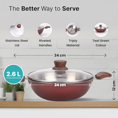 Image of The Better Home 2.5mm Triply Kadai (2.6L-24cm) with Glass Lid | Tryply SS Kadai with Heavy Bottom | Gas & Induction Kadhai for Deep Frying | Karahi for Kitchen | Triply Stainless Steel Cookware (Red)