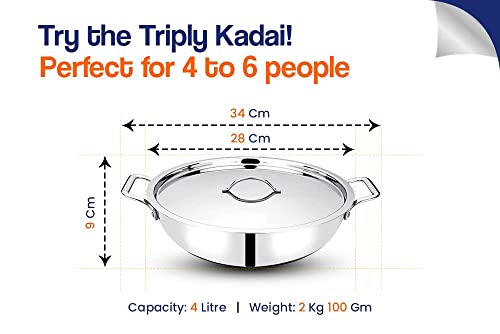 Image of Bhalaria Triply Stainless Steel Kadhai with Lid & Handle 28cm 4 Litre |Induction Base Heavy Gauge 3 Layer Body | Deep Fry Pan Wok for Sabzi, Curry & Frying| Food Grade |Gas Compatible |Dishwasher Safe