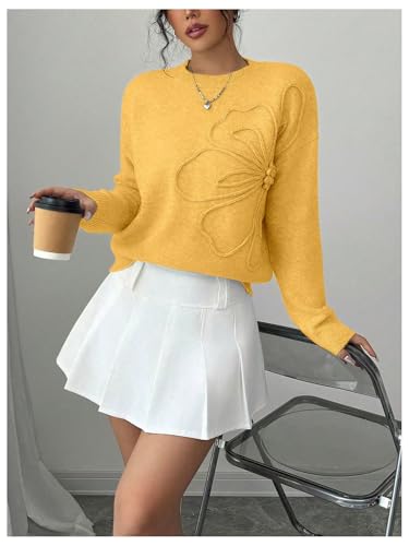 Image of RoseSeek Women's 3D Floral Appliques Crewneck Sweaters Long Sleeve Drop Shoulder Pullovers Elegant Knit Tops