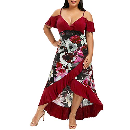 Kinwo Women Ladies Dress,Fashion Floral Print Plus Size Camis Midi Dress Short Sleeve Cold Shoulder Sundress Casual Loose Strap Deep V-Neck Short Dress UK 12~20 Red