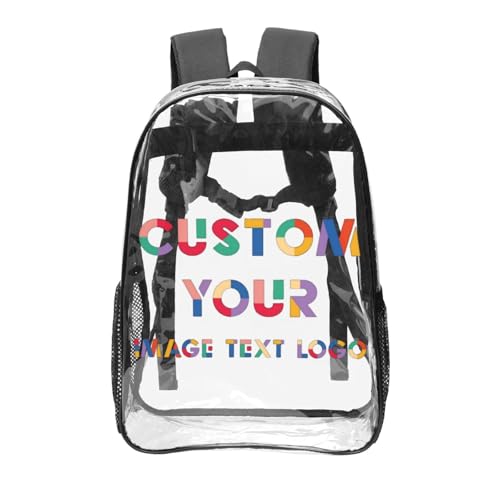 Custom Clear Backpack, Personalized Transparent Backpack with Your Name Logo Photo Text, Customized See Through Bookbag Gift for Work Travel Sport Camping Hiking, Unisex 16in