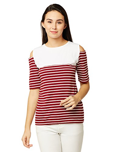 Image of Miss Chase Women's Navy Blue and White Round Neck Half Sleeves Striped Cold Shoulder Top