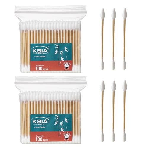 KSIA Klear Cotton Swabs 200 Count Double Tipped Cotton Buds with Pointed & Round Tips Strong Wooden Sticks Cotton Swabs For Ears Makeup Personal Care and Cleaning 2 Bags Pack