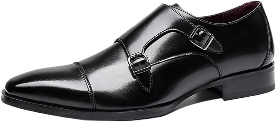 Men’s Vegan Leather Double Strap Dress Shoes, Slip-On Pointed Toe Formal Wedding s