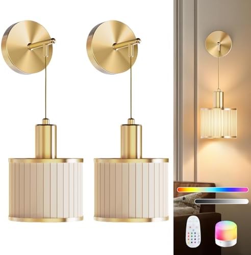 Battery Operated Wall Sconce Set of 2, Wireless Rechargeable Wall Lights with Remote Control, 9 Colors Dimmable LED Lamps, Modern Cordless Sconces for Bedroom Living Room Hallway(Gold)
