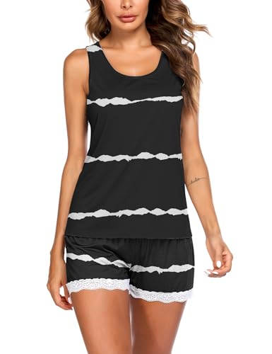 Image of Ekouaer Womens Pajama Sets Sleeveless Tank Top and Shorts Pj Set Lace Hem Sleepwear S-XXXL