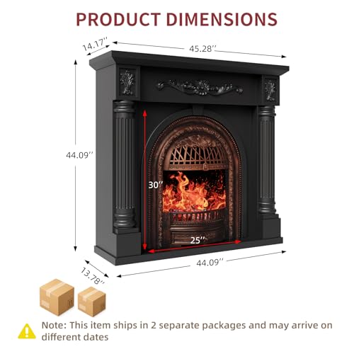 Image of 45 Inch Electric Fireplace with Mantel, Solid Wood Fireplace TV Stand, Roman Column Fireplace Entertainment Center, Electric Fireplace Heater with Bronze Birdcage Insert for Living Room, Black