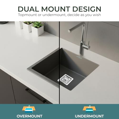 Image of ARQUIN Quartz Kitchen Sink 18x16x9 Inch Grey | Single Bowl Sink | Durable & Scratch-Resistant | Undermount /Topmount Including Coupling, Waste Pipe & Fruit Washing Basket