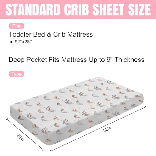 Image of Rainbow Baby Crib Sheet 52''x28'' Cute Rainbow Drops Colorful Stretchy Fitted Crib Mattress Sheet for Boy Girl Bed Sheet for Standard Crib Toddler Mattresses