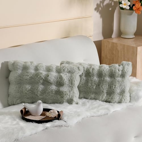linmopm Excluding Insert Faux Rabbit Fur Bubble Pack of 2 Throw Pillow Cover Double Side 12x20 Inch Green Thick Plush Dense Fuzzy Decorative Cushion Covers for Couch Bedroom