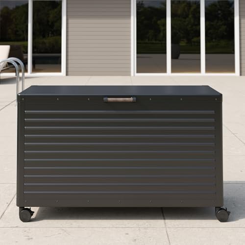 Image of MIRADOR 134 Gallon Outdoor Storage Box with Wheels & Soft-Close Lid, Waterproof Metal Deck Box for Patio Cushions, Garden Tools & Pool Accessories, Charcoal