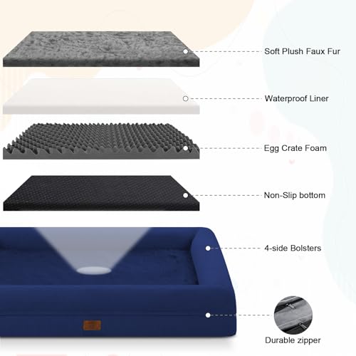 Image of Jumbo Waterproof Dog Bed for Extra Large Size Dogs with Bolster | 360 Degree Bolster Support, Egg Crate Foam, Waterproof Liner, Anti-Slip Bottom, Machine Washable Cover, 53 x 42 Inch