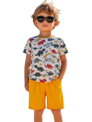 Image of HILEELANG Toddler Boy Summer Short Clothes Sets Cotton Crewneck Tees Shorts Pocket Adjustable Knite Shorts Playwear Sets