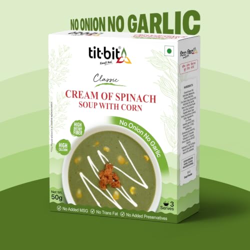Image of Tit-Bit Cream of Spinach Soup with Corn, No Onion No Garlic, Ready-to-Cook Soup Mix, No Added MSG, No Trans Fat, No Added Preservatives, Pack of 5, 50g Each