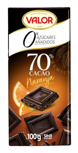 Valor - Chocolate Negro 70% con Naranja, 0% Azúcares Añadidos, 100 g | Chocolate negro con naranja y chocolate sin azúcares añadidos, 70% cacao, sin gluten, 100 g