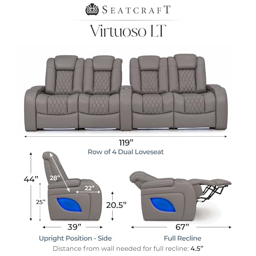 Image of Seatcraft Virtuoso LT Gray Italian Leather Home Theater Seating, Zero Gravity Power Recliner, Heat and Massage, Powered Headrest and Lumbar Gaming and Home Office Chair, Row of 4 Dual Loveseats