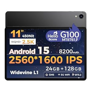 Tablet 11 Zoll Android 15, 2560×1600 IPS, Mediatek Helio G100, 24GB(8+16) RAM + 128GB ROM / 1TB TF, Widevine L1 5G Wi-Fi & BT 5.2, 8200mAh Akku 6-Achsen Gyroskop Tablet für Spiele/Videos