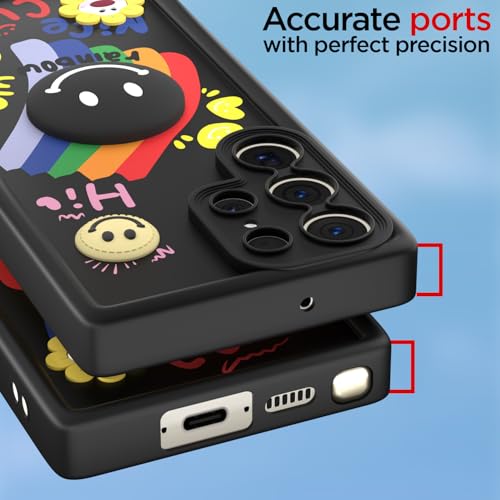 Image of Pikkme Back Cover for Samsung Galaxy S23 Ultra 5G | Soft Silicone| Cute Rainbow Smile & 3D Cartoon Flower Design | Shockproof Raised Camera Protection Bumper Case (Black)