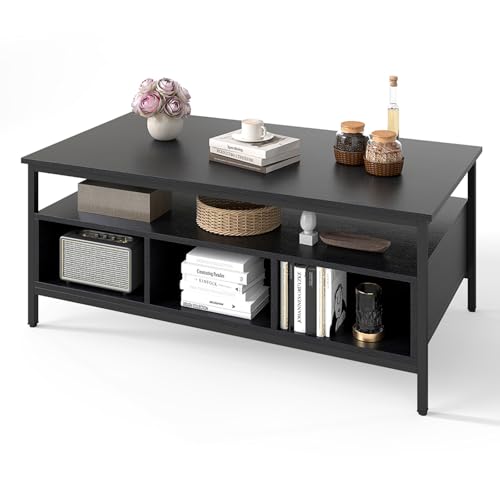 COSTWAY Coffee Table, Wooden Cocktail Center Table with Storage Shelf, Metal Frame Rectangle Accent Sofa Side Tea Table for Living Room, Bedroom and Office (6 Compartments, Black, 110x60x45cm)