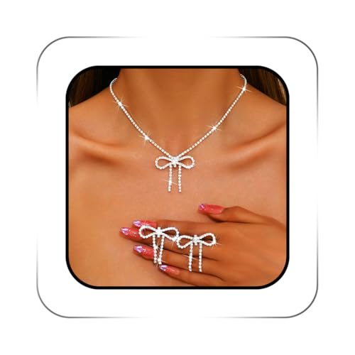 ACEDRE Rhinestone Bow Jewelry Set Silver Sparkly Crystal Bowknot Pendant Necklace Dainty Dangle Prom Earrings Sets for Women