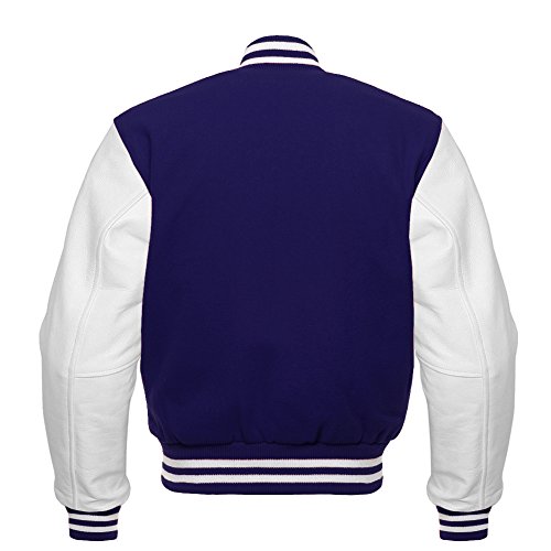 Image of Premium Letterman Baseball School College Bomber Varsity Jacket Purple & Gold Genuine Leather Sleeves