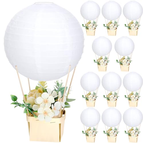 Image of Retisee 12 Sets White Hot Air Balloons Decorations Baby Shower Table Centerpieces 9.84'' Paper Lantern with Basket for Gender Reveal Birthday Wedding School Party Supplies