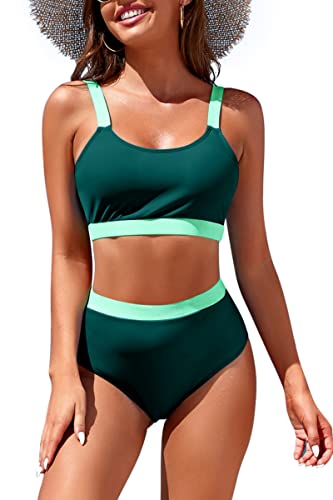 Image of Womens High Waisted Bikini Sets Sporty Crop Top Color Block Swimwear Bandeau Scoop Neck Vintage Two Piece Bathing Suits