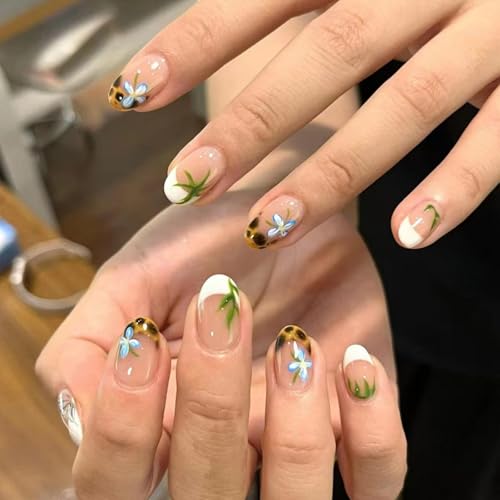 Image of Leopard Print Press on Nails White French Tip Fake Nails Short Almond False Nails with Flower Design Nude Glue on Nails Glossy Acrylic Full Cover Green Grass Stick on Nails for Women Manicure
