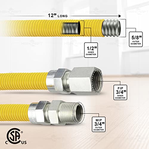 Gas Connector 12 Inch Yellow Coated Stainless Steel, 5/8” Od Flexible Gas Hose Connector For Gas Range, Furnace, Stove With 3/4” Fip X 3/4” Mip Stainless Steel Fittings, 12” Gas Appliance Supply Line #TOP1