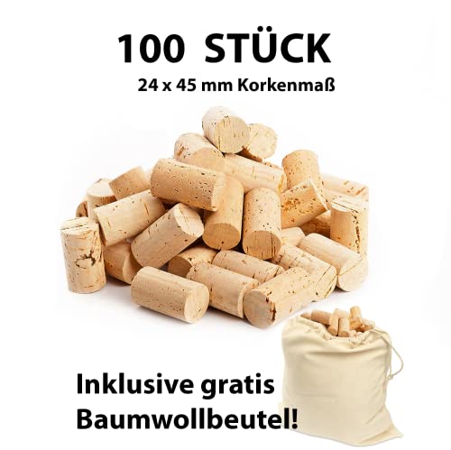 100 Korken mit Baumwollbeutel - Bastelkorken - Flaschenkorken Weinkorken zum Dekorieren, Herbst Basteln - Natur Flaschenkorken, Bastelzubehör für Kinder, Erwachsene Hobby Bedarf 24 mm x 45 mm Hell NEU