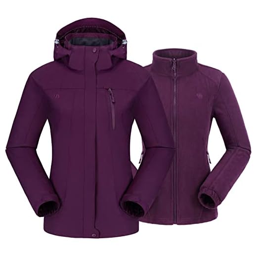 CAMEL CROWN Dam 3-i-1 skidjacka med fleecejacka, vattentät, vindtät, varm vinterjacka, dubbeljacka, utomhus, regnjacka, funktionell jacka, Mörk lila, XL