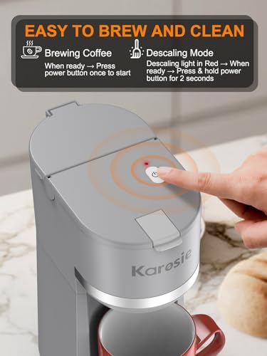Karosie Single Serve Coffee Maker for K-Cup and Ground Coffee, Fast Brew, 6-12 oz Brew Sizes One Cup Coffee Machine Fits 5.5" Mugs, One-Button Small Coffee Maker with Descaling Reminder,Grey - 4