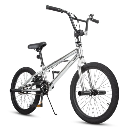 StarterRide 20 Inch Freestyle BMX Bike Trick Bicycle Silver | 360 Rotating Handlebar Rider Height 3'7"-4'7" Ages 7+ 4 Pegs High Carbon Steel Frame Adjustable Seat U-Brake Spoke Wheels