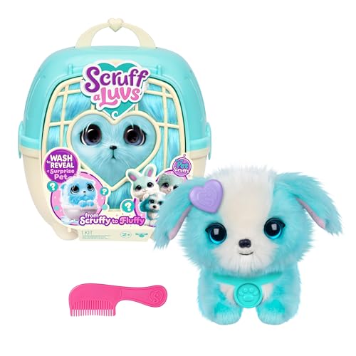 ScruffaLuvs Pet Scruffs Blue - Mystery Plush Toy 7.5 Tall - Wash to Reveal 1 of 3 Rescue Pets: Puppy Bunny or Kitty - Includes 8.7 Deluxe Pet Carrier