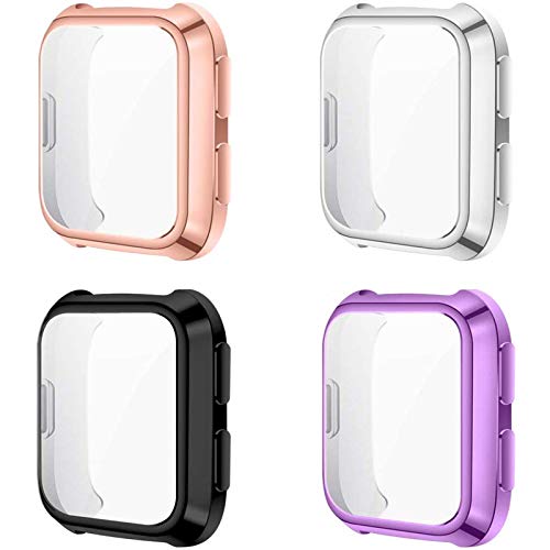 CAVN 4 Pack Screen Protector Case Compatible with Fitbit Versa/Versa SE Smartwatch, Soft TPU Plated Slim Full Coverage Screen Protective Bumper Cover (Black/Purple/Rose Gold/Silver)