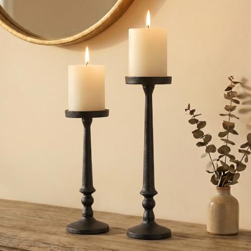 BANOMII Vintage Iron Pillar Candle Holders Set of 2, Rustic Black