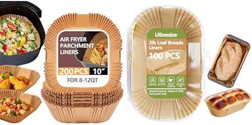 UBeesize 200 PCS 10 Inch Disposable Air Fryer Paper Liners+ 100 PCS 2lb Loaf Pan Liners