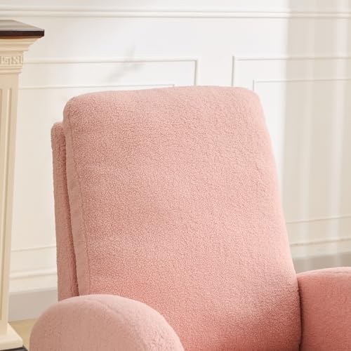 Image of Rocking Chair Nursery, Glider Rocking Accent Chair with Wood Legs, High Back Pocket Modern Upholstered Nursery Chair, Comfy Accent Rocker Armchair for Living Room Bedroom, Sherpa Pink