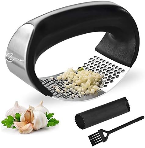 Ever Last - Garlic Press Garlic Crusher Kitchen Garlic Rocker 304 Stainless Steel, Ginger Crusher, Ergonomic Handle Silicone Garlic Peeler, Cleaning Brush, Easy Use & Clean Kitchen Tool