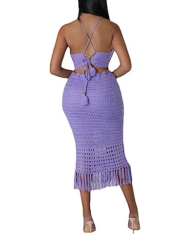 Image of Women Plus Two-Piece Skirt Set Tassel Fishing Net Knittin Hollow Out Off Shoulder Beach Dresses Swimsuit Cover Ups